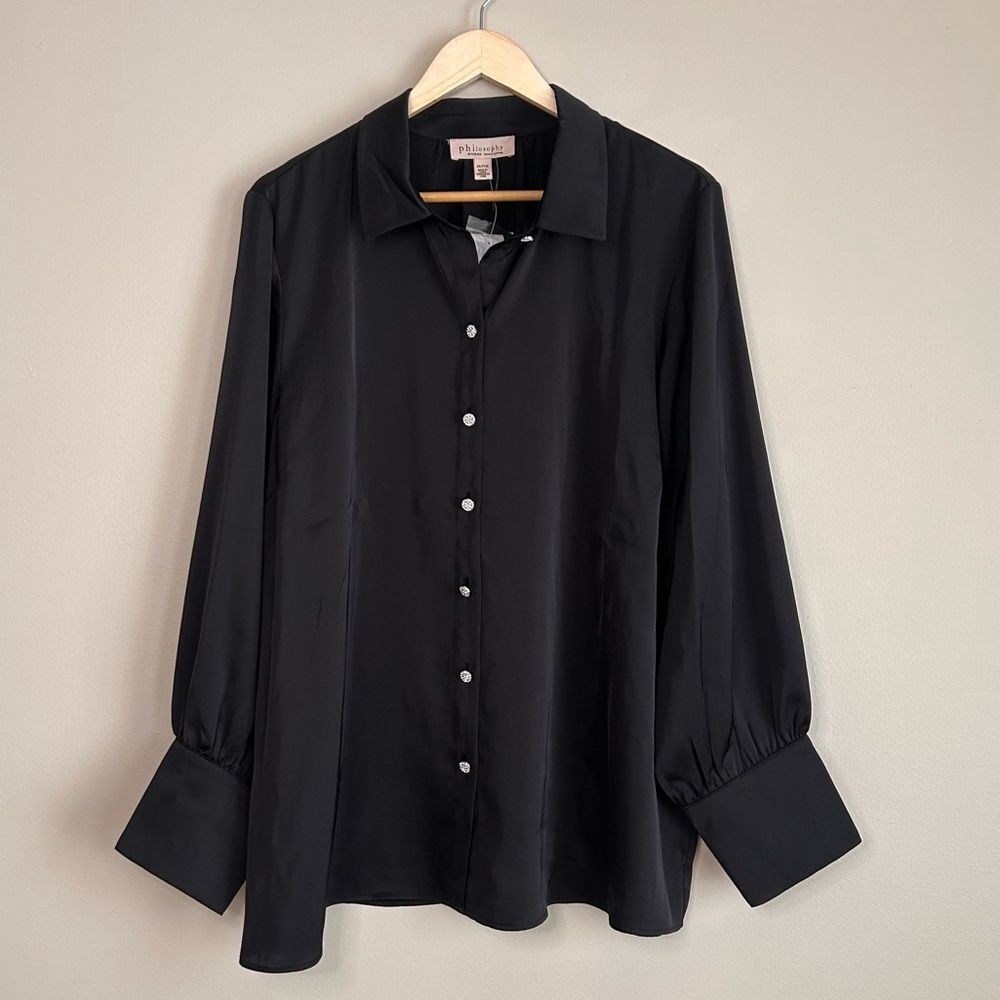 Philosophy Black Satin Gem Button Long Sleeve Blouse Size 2XL